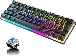 Compact 60% Mechanical Gaming Keyboard with Ergonomic Anti-ghosting Mini 61 Key Layout Rainbow RGB Backlight Waterproof Metal Plate Type-C USB Wired for PC Mac Gamer Office Typist (Black/Blue Switch)