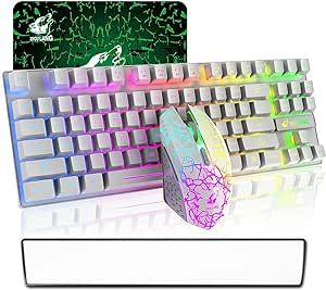 Wireless Gaming Keyboard Mouse and Wrist Rest Set with 87 Key Rainbow Backlight Rechargeable 3800mAh Battery Mechanical Feel Anti-ghosting Ergonomic Waterproof Mute Mice for PC Mac Gamer (White Mix)